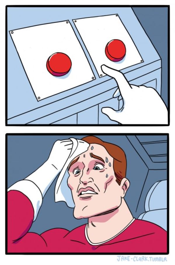 Two Buttons meme about Marine Layer
