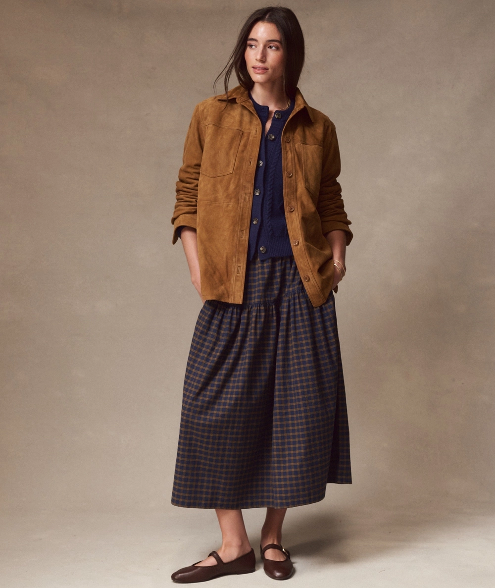 Gia Oxford Midi Skirt in a navy and bronze check