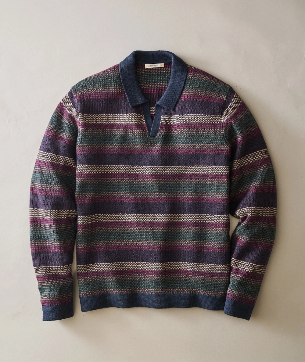 Liam Long Sleeve Sweater Polo in Burgundy Multi Stripe